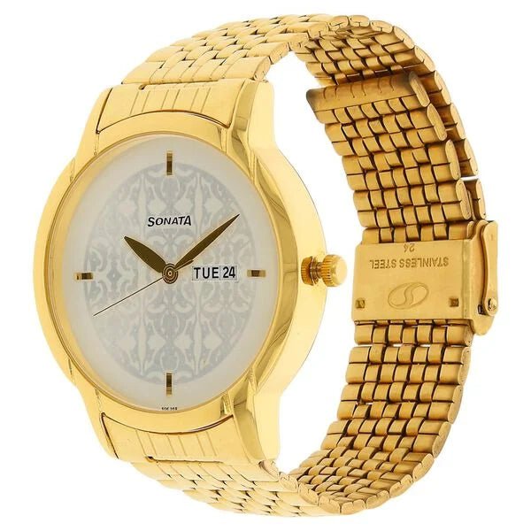 Sonata Quartz Analog with Day and Date Silver Dial Golden Stainless Steel Strap Watch For Men - Ashoka Watch Company
