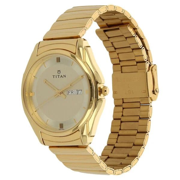 Titan Quartz Analog with Day and Date Champagne Dial Golden Stainless Steel Strap Watch For Men - Ashoka Watch Company